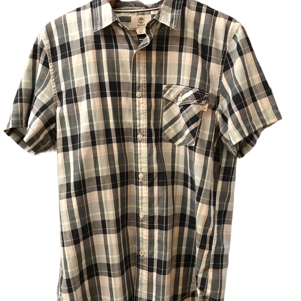 Men’s Short Sleeve TIMBERLAND Button Up Plaid Shirt Size Large Slim Fit